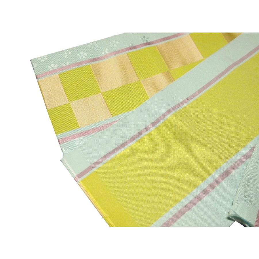 正絹博多織半幅帯「水色の地に薄黄緑色とベージュ色の市松模様」｜tsudaya-shinjuku｜04