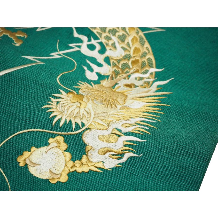 仕立て上がり正絹名古屋帯「青緑色の地に薄金色の龍の刺繍」 : obi 