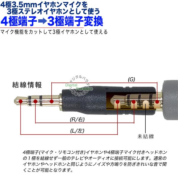 4極3.5mm→3極3.5mm変換アダプタ 4極3.5mm(メス)→3極3.5mm(オス)変換