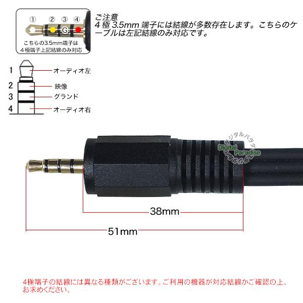 4極3.5mm-RCA変換ケーブル 4極3.5mm L/V/G/R結線(オス)-RCA(オス)赤・白・黄 長さ:1.5m カーナビ・ドラレコ 小型家電等 パナソニックに多い COMON 435-15｜tsuhan-express｜06