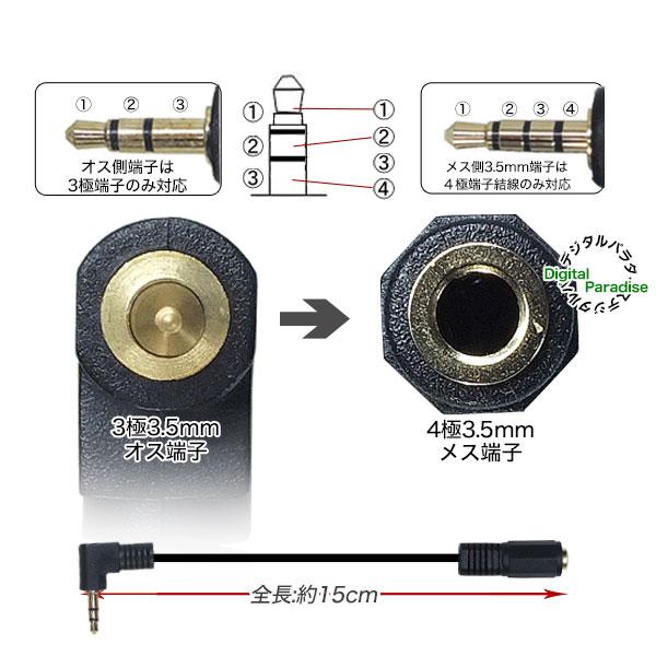 4極3.5mm→3極3.5mm変換ケーブル 4極3.5mm(メス)→3極3.5mm(オス)L型端子 長さ:約15cm 狭所・干渉防止・イヤホンマイクをテレビやPC等で COMON 43535S-015L｜tsuhan-express｜03