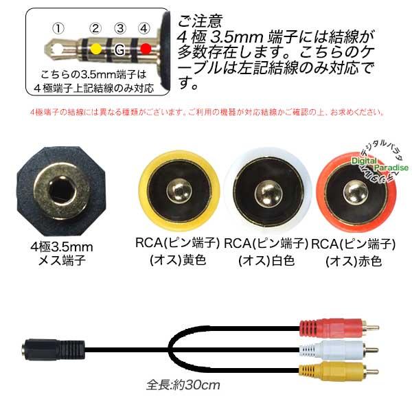 4極3.5mm-RCA変換ケーブル 4極3.5mmL/V/G/R結線(メス)-RCA(オス)赤・白・黄 長さ:30cm カーナビ・ドラレコ 車載機器等 COMON 435F-RM3｜tsuhan-express｜03