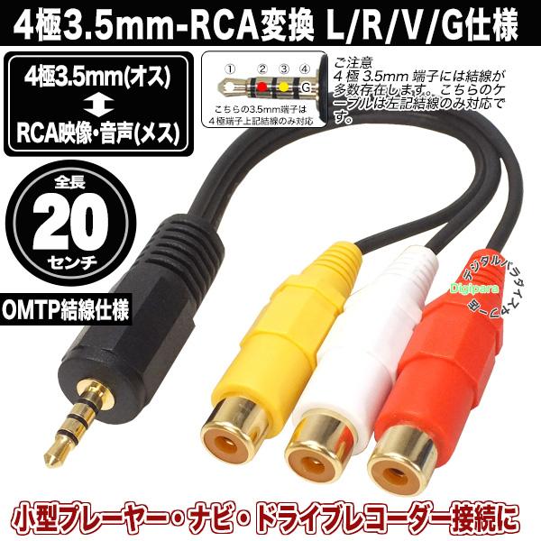 4極3.5mm(OMTP)オス-RCA(メス) 4極3.5mm端子側L/R/V/G仕様 赤 4極3.5mm(OMTP)オス-RCA(メス) 4極3.5mm端子側L/R/V/G仕様 赤