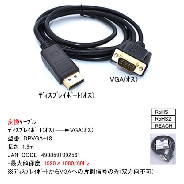 DisplayPort→VGA15pin変換ケーブル 1.8m ディスプレイポート端子から