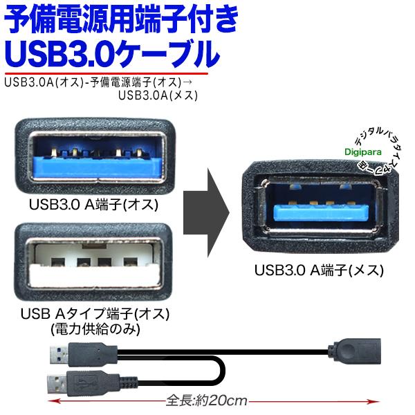 予備電源端子付きUSB3.0ケーブル20cm USB3.0Aタイプ(オス+USB A 予備電源端子付きUSB3.0ケーブル20cm USB3.0Aタイプ(オス+USB A