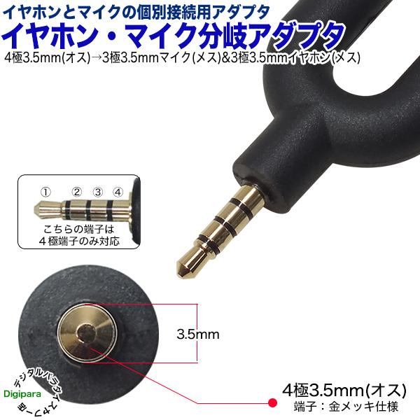 4極3.5mm→3極3.5mmオーディオ+3極3.5mmマイク分岐 4極3.5mm(オス)→3