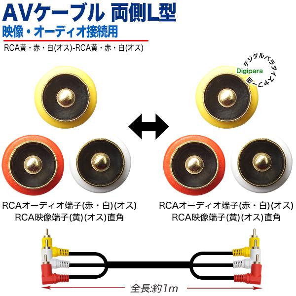 両側L型 AVケーブル1m RCA(オス)⇔RCA(オス) 映像 サウンド 黄 赤 白
