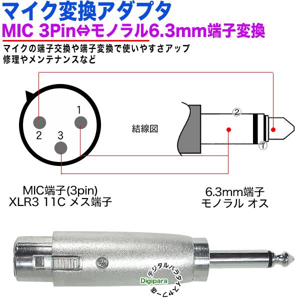 MIC端子→6.3mmモノラル変換アダプタ MIC(3pin)(メス) XLR3 11C→6.3mmモノラル(オス) キャノン 楽器 マイク 音楽編集ケーブル延長、変換 MICzc63M｜tsuhan-express｜07