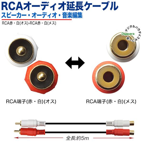 オーディオ延長ケーブル 5m RCA(オス)⇔RCA(メス) オーディオケーブル