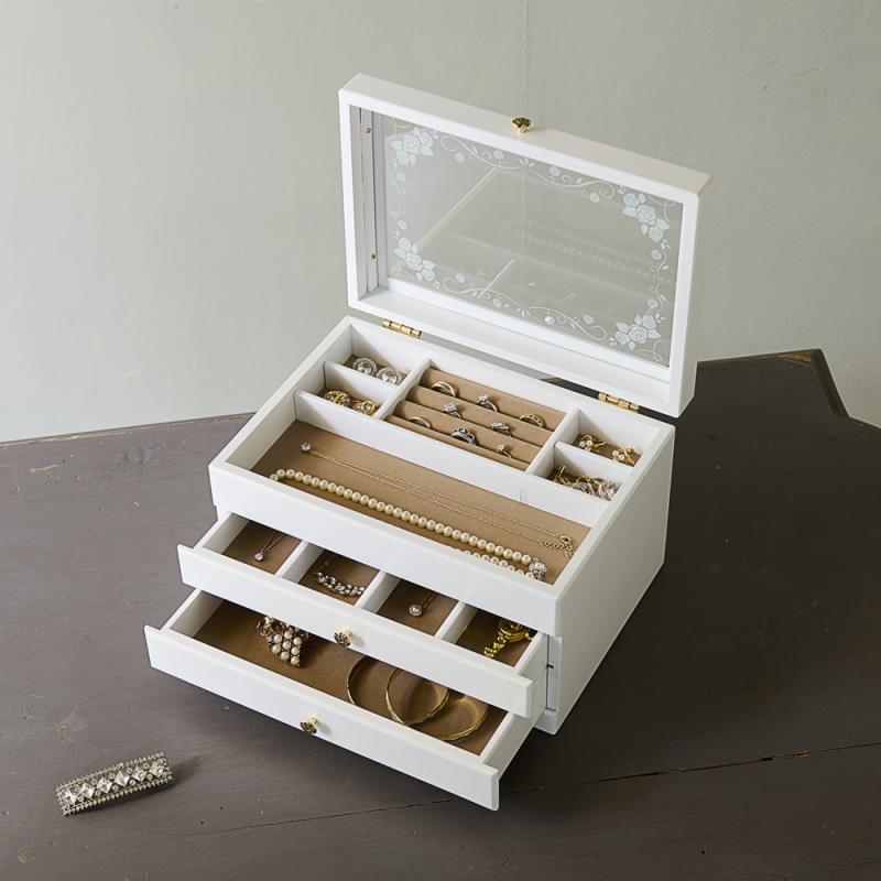 ジュエリーケース 木製 ガラス 3段 引き出し 仕切り アクセサリー