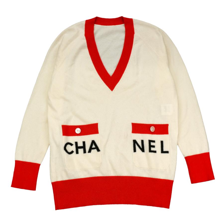 CHANEL シャネル Vネックニットセーター アイボリー×オレンジ #38 中古
