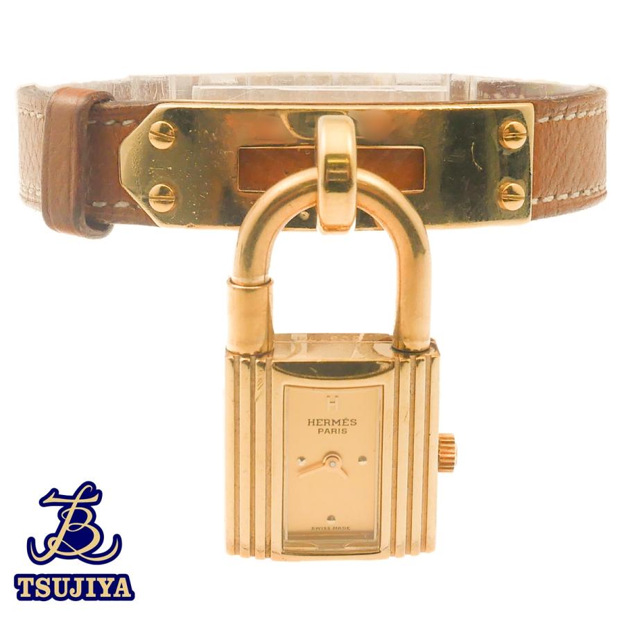 中古B エルメス ケリーウォッチ ゴールド文字盤 ゴールドメッキ レザー