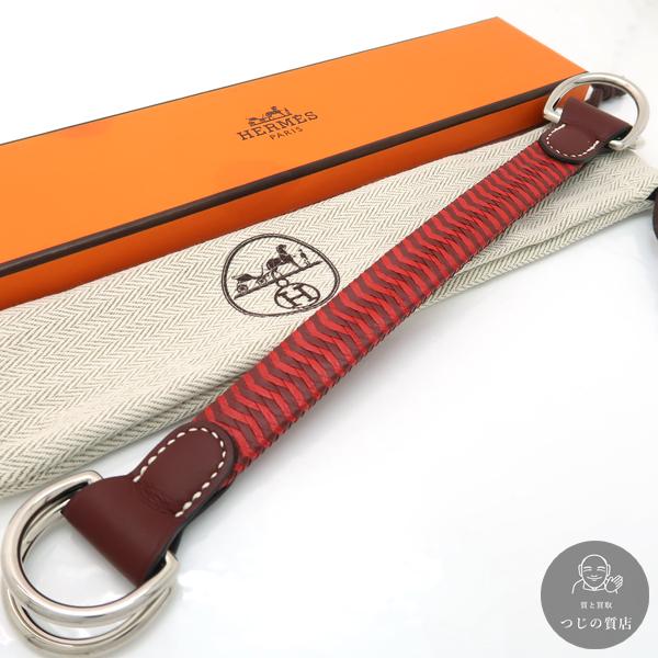 HERMES ベルトデザイン スカーフ HERMES（エルメス） ロマンス スカーフベルト 赤×茶 編み込み レザー