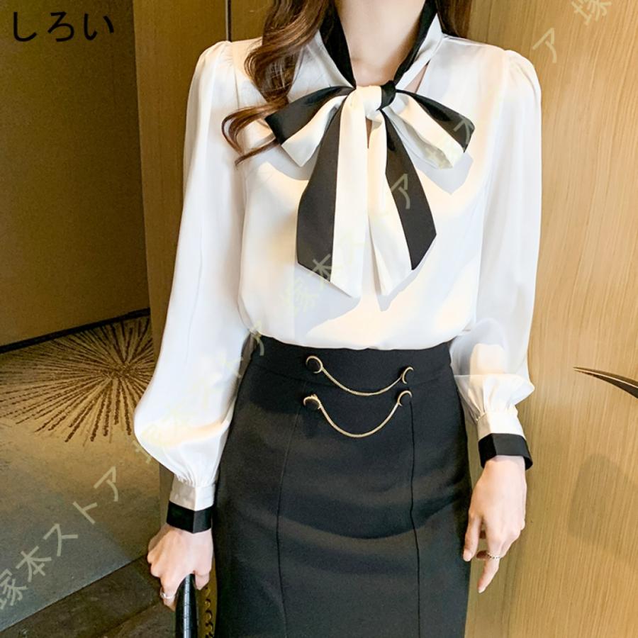 ブラウス レディース 長袖 シフォン 蝶ネクタイ リボン付き Vネック 