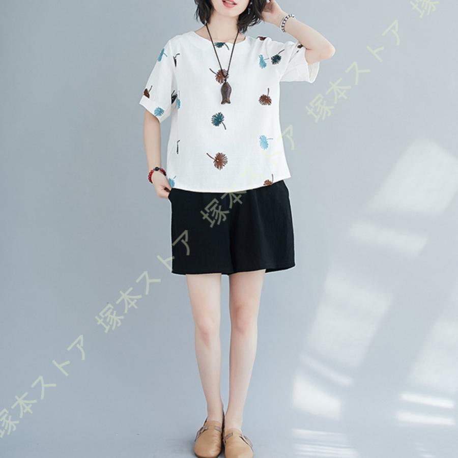トップス レディース 半袖 ボタン ブラウス 綿麻 ゆったり Tシャツ 大きいサイズ カジュアル 花柄 夏服 プルオーバー チュニック 上着 シンプル お洒落 可愛い