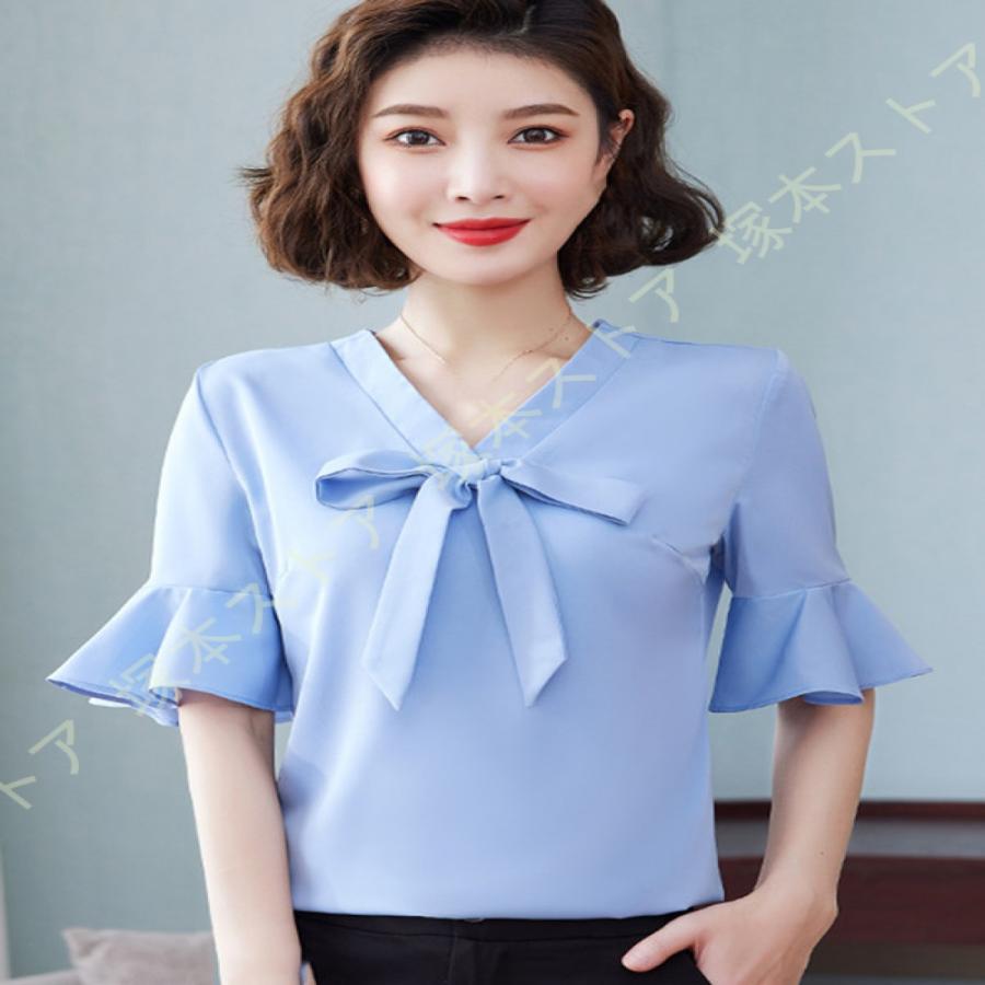 レディース 無地 半袖 ブラウス 蝶結び フレア袖 夏 シフォン シャツ 無地 ゆったり 着痩せ カットソー トップス 夏 カジュアル 通勤 オフィス風 ワイシャツ | 