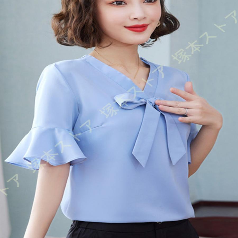 レディース 無地 半袖 ブラウス 蝶結び フレア袖 夏 シフォン シャツ 無地 ゆったり 着痩せ カットソー トップス 夏 カジュアル 通勤 オフィス風 ワイシャツ |  | 19