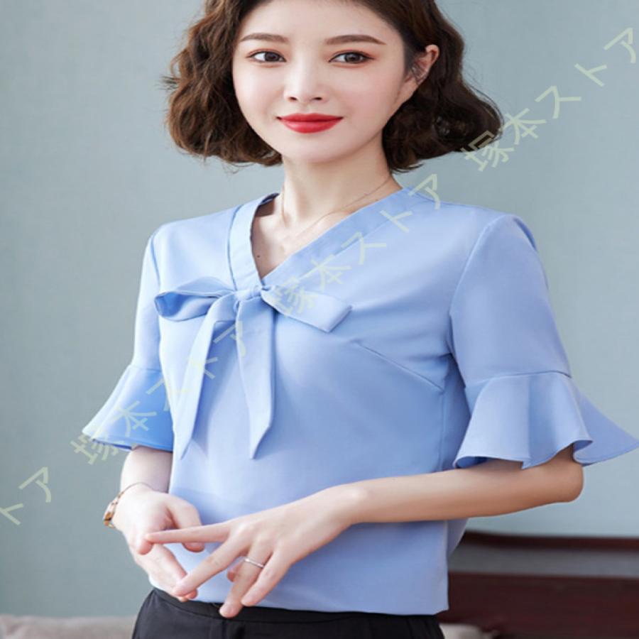 レディース 無地 半袖 ブラウス 蝶結び フレア袖 夏 シフォン シャツ 無地 ゆったり 着痩せ カットソー トップス 夏 カジュアル 通勤 オフィス風 ワイシャツ |  | 20