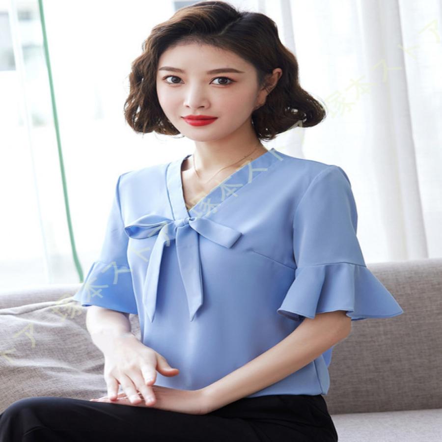 レディース 無地 半袖 ブラウス 蝶結び フレア袖 夏 シフォン シャツ 無地 ゆったり 着痩せ カットソー トップス 夏 カジュアル 通勤 オフィス風 ワイシャツ |  | 21