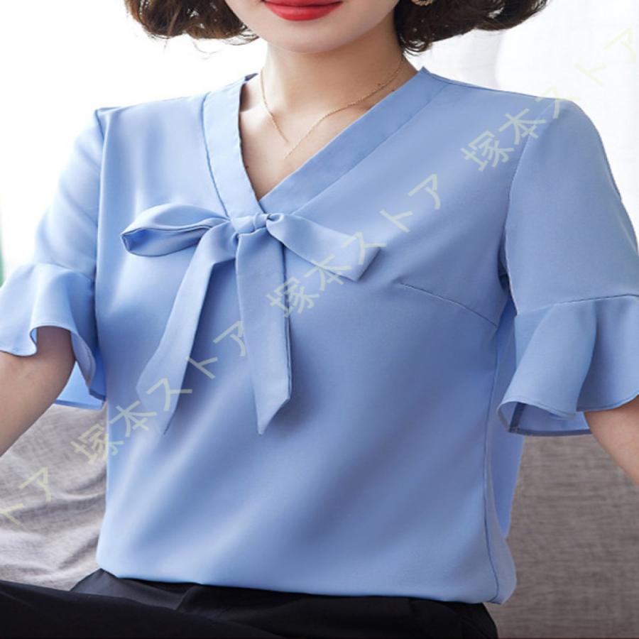 レディース 無地 半袖 ブラウス 蝶結び フレア袖 夏 シフォン シャツ 無地 ゆったり 着痩せ カットソー トップス 夏 カジュアル 通勤 オフィス風 ワイシャツ |  | 22