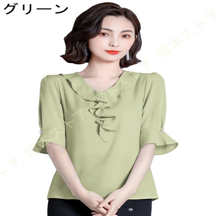レディース 無地 半袖 ブラウス 蝶結び フレア袖 夏 シフォン シャツ 無地 ゆったり 着痩せ カットソー トップス 夏 カジュアル 通勤 オフィス風 ワイシャツ |  | 05