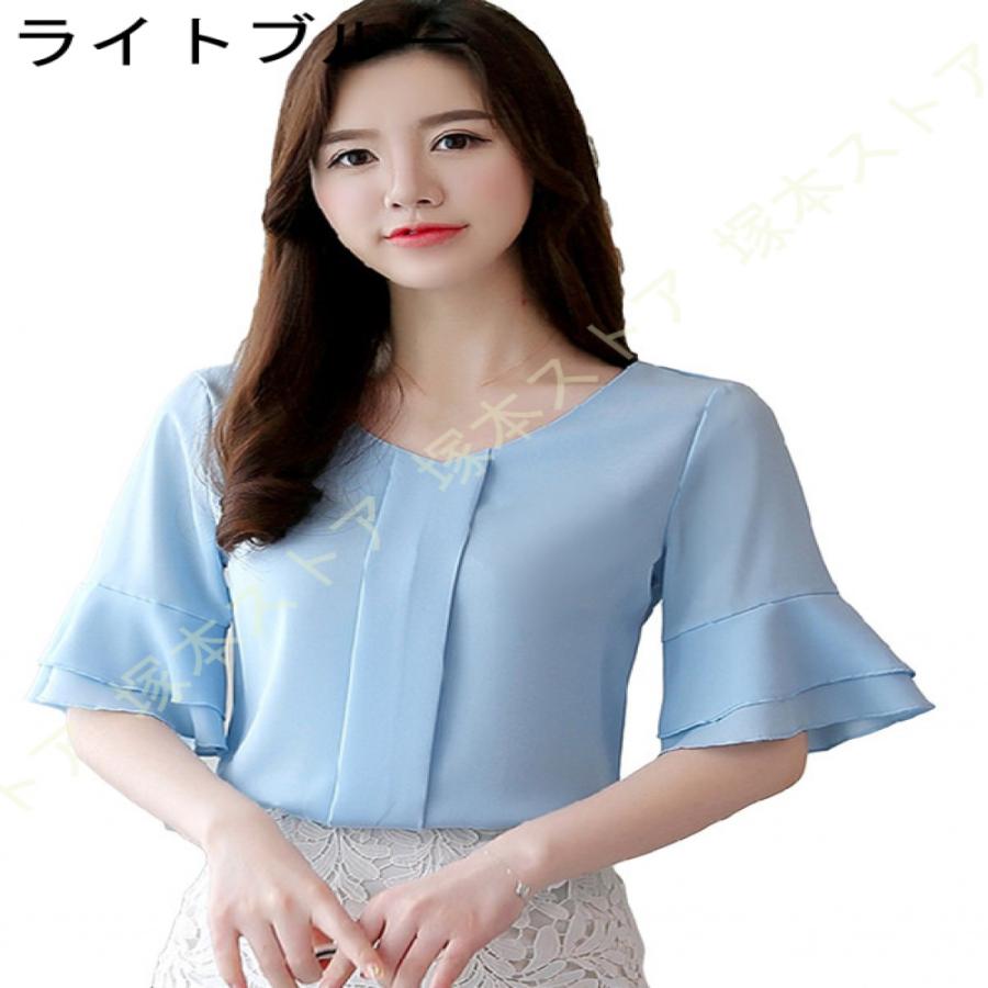 レディース 無地 半袖 ブラウス 蝶結び フレア袖 夏 シフォン シャツ 無地 ゆったり 着痩せ カットソー トップス 夏 カジュアル 通勤 オフィス風 ワイシャツ |  | 06