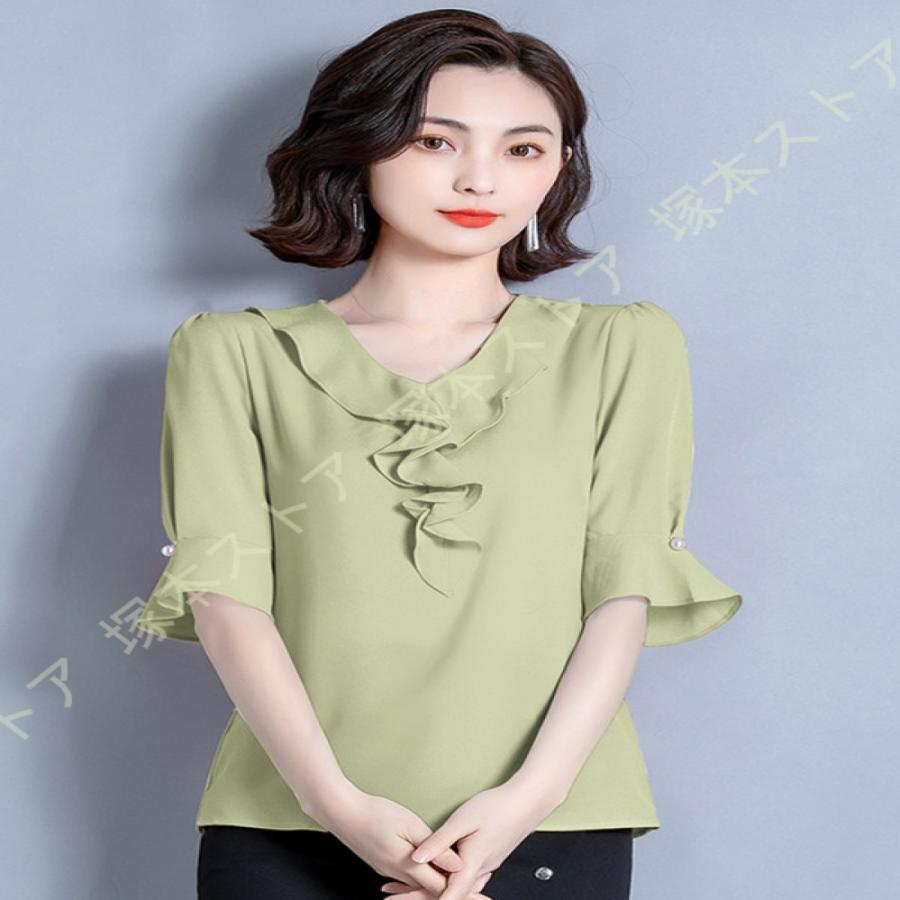 レディース 無地 半袖 ブラウス 蝶結び フレア袖 夏 シフォン シャツ 無地 ゆったり 着痩せ カットソー トップス 夏 カジュアル 通勤 オフィス風 ワイシャツ |  | 08