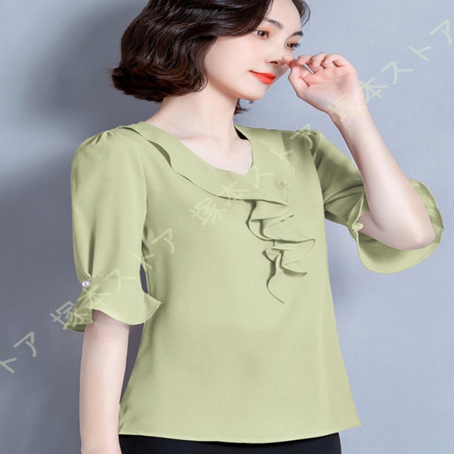 レディース 無地 半袖 ブラウス 蝶結び フレア袖 夏 シフォン シャツ 無地 ゆったり 着痩せ カットソー トップス 夏 カジュアル 通勤 オフィス風 ワイシャツ |  | 09