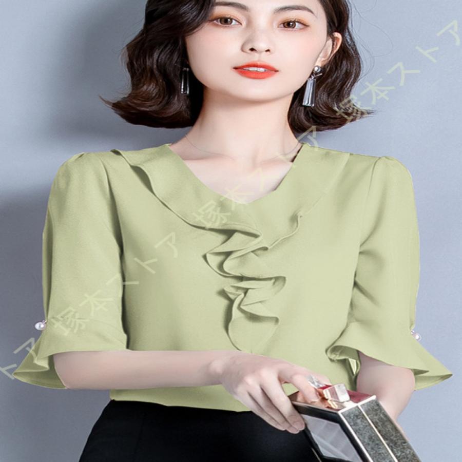 レディース 無地 半袖 ブラウス 蝶結び フレア袖 夏 シフォン シャツ 無地 ゆったり 着痩せ カットソー トップス 夏 カジュアル 通勤 オフィス風 ワイシャツ |  | 10