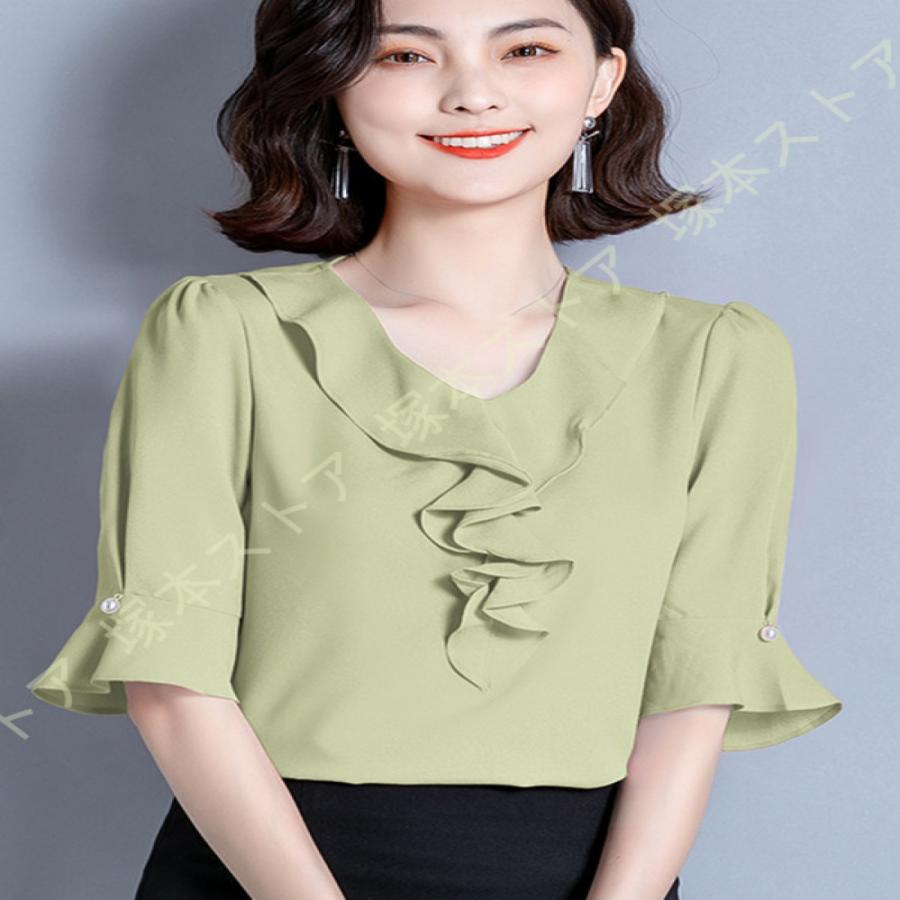 レディース 無地 半袖 ブラウス 蝶結び フレア袖 夏 シフォン シャツ 無地 ゆったり 着痩せ カットソー トップス 夏 カジュアル 通勤 オフィス風 ワイシャツ |  | 11