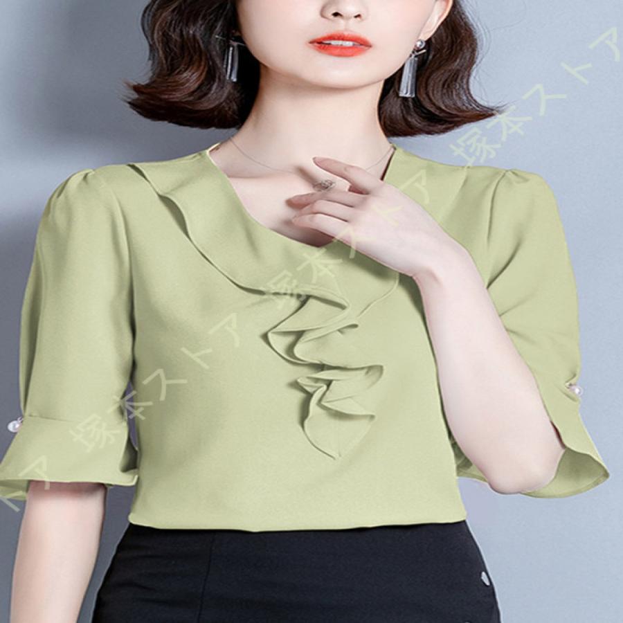 レディース 無地 半袖 ブラウス 蝶結び フレア袖 夏 シフォン シャツ 無地 ゆったり 着痩せ カットソー トップス 夏 カジュアル 通勤 オフィス風 ワイシャツ |  | 12