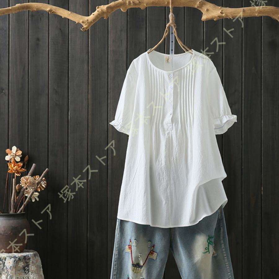 トップス レディース 春 大きいサイズ きれいめ 半袖 チュニック 夏 刺繍 花柄 ブラウス シンプル おしゃれ ゆったり リネンシャツ 綺麗 着痩せ 森ガール
