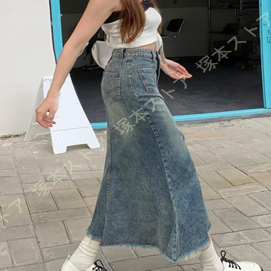 デニム スカート レディース マーメイド フリル ロング丈 ハイウエスト