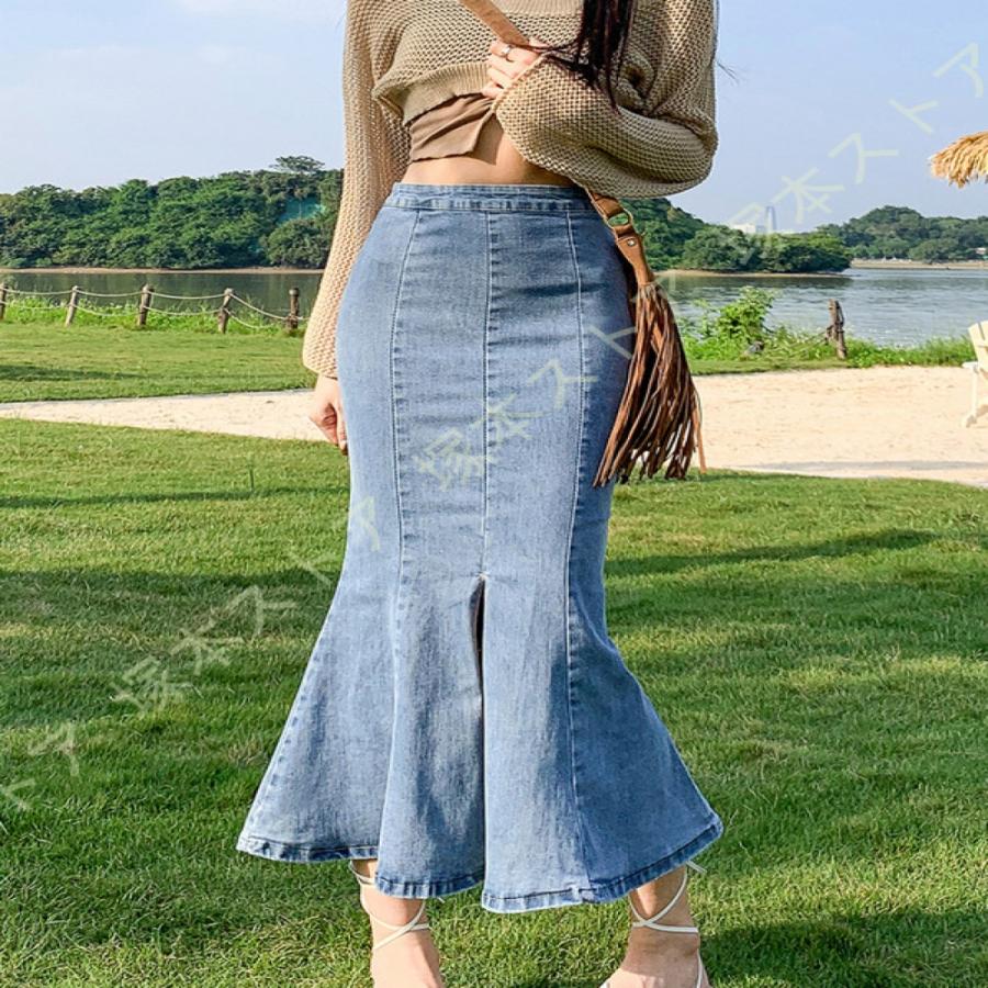 デニム スカート レディース マーメイド フリル ロング丈 ハイウエスト 