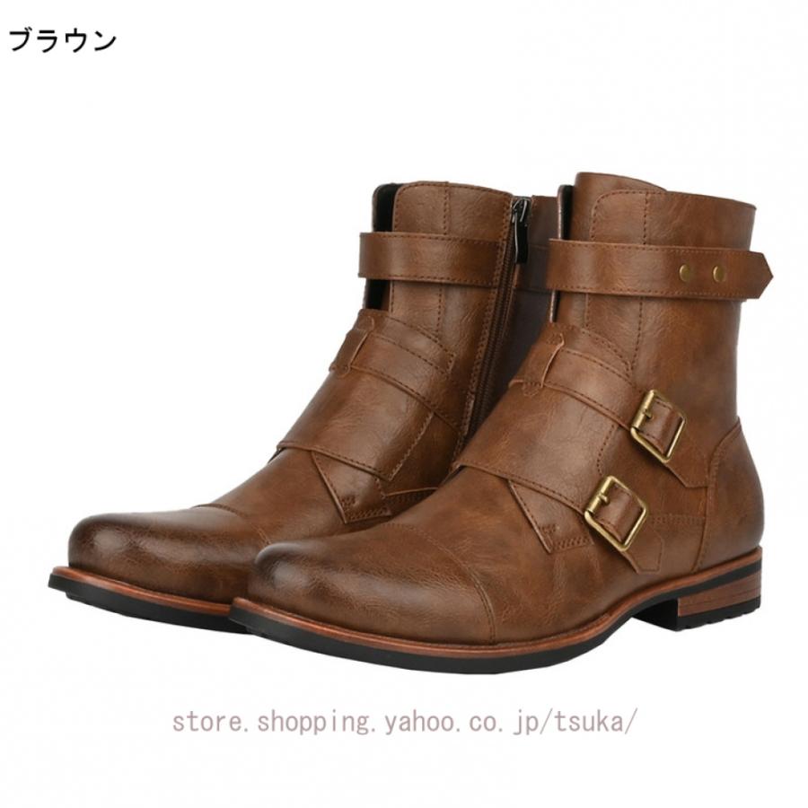 ブーツ メンズ エンジニア サイドジップ ショートブーツ 黒 レザー 本