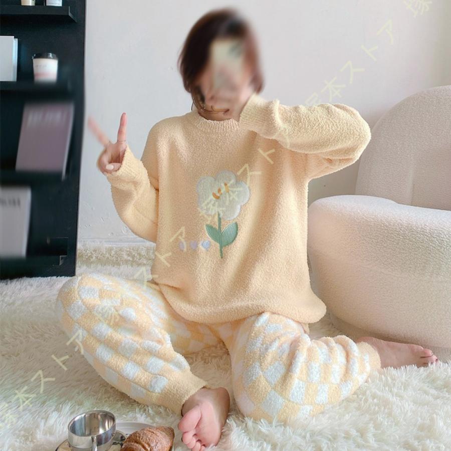 ルームウェア パジャマ レディース モコモコ 長袖 秋 冬 上下セット 可愛い 裏起毛 寝巻き セットアップ プルオーバー トップス ロングパンツ ゆったり 快適_12