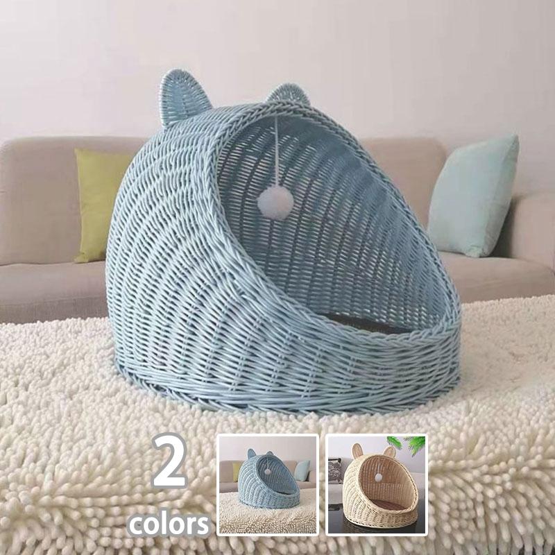 藤編み 猫ハウス ラタン ペットベッド 四季通用 猫ケージ キャットハウス 猫ちぐら ネスト 夏 ねこ 小型犬ベッド ドーム型 ハンドル付き 小動物用ケージ