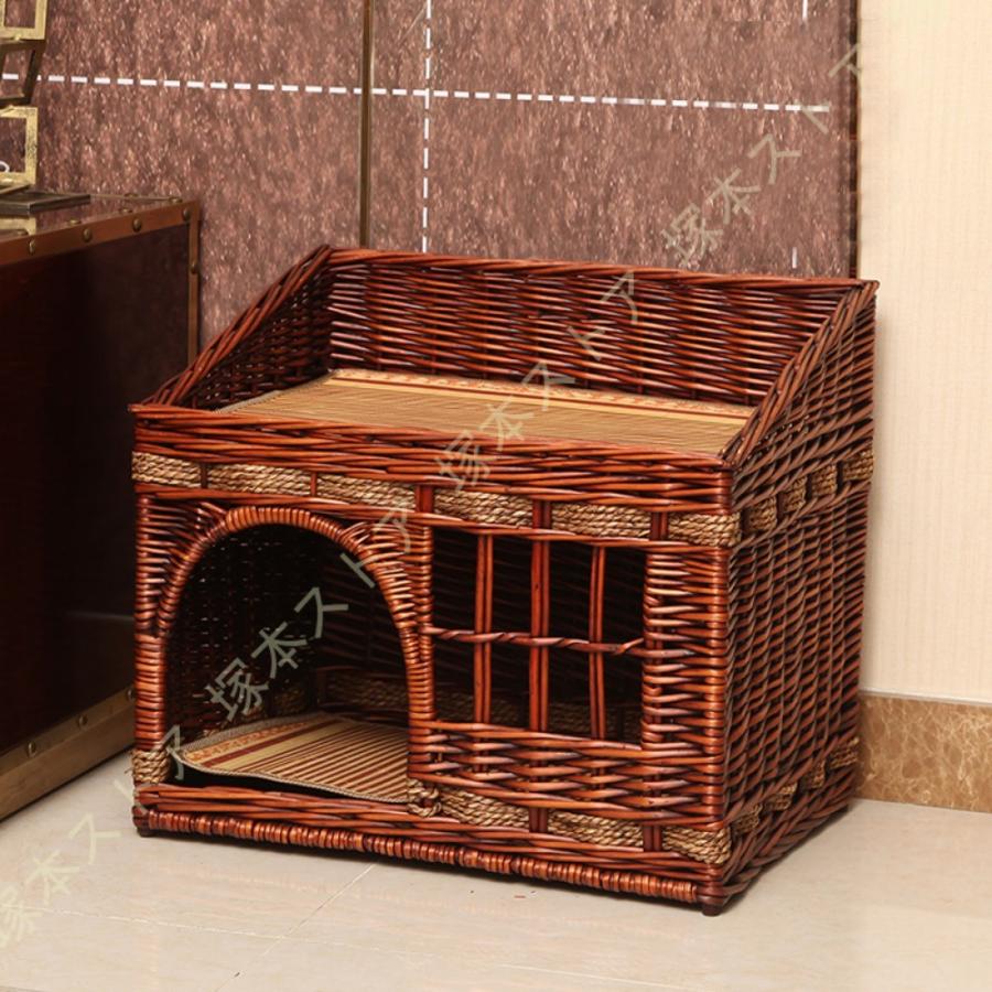 猫ハウス ドーム型 ペットベッド 藤編み ラタンキャットハウス 二階 猫