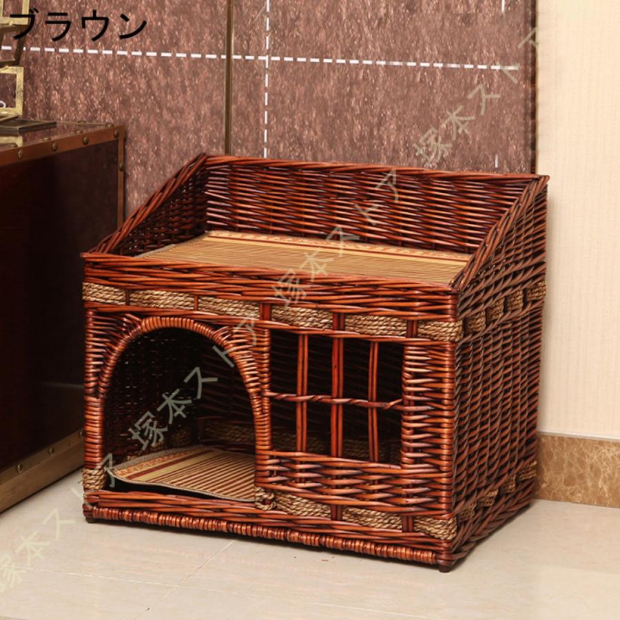 藤編み 猫ハウス ドーム型 ラタン ペットベッド 屋根付き 二階