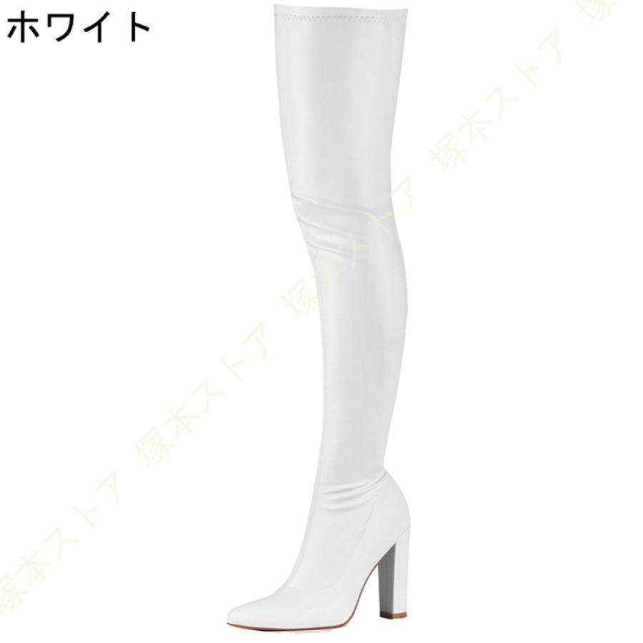 ニーハイブーツ エナメル ブーツ ハイヒール ブロックヒール