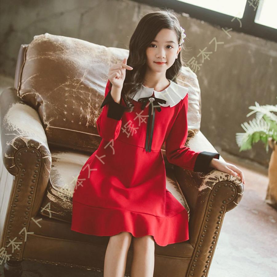 子供服 長袖ワンピース 子供 女の子 ワンピース 長袖 キッズ ナチュラル ガーリー シック ロリータ クルーネック ミモレ丈 フリル Aライン 黒 赤 リボン付きの画像