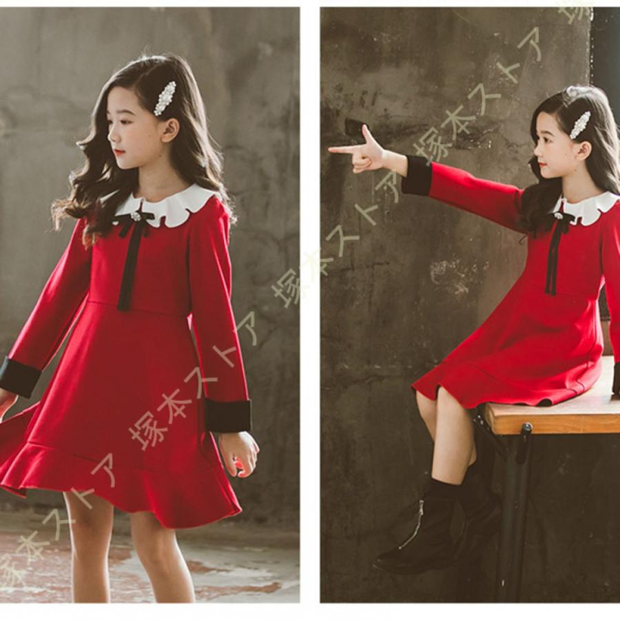 子供服 長袖ワンピース 子供 女の子 ワンピース 長袖 キッズ ナチュラル ガーリー シック ロリータ クルーネック ミモレ丈 フリル Aライン 黒 赤 リボン付きの画像