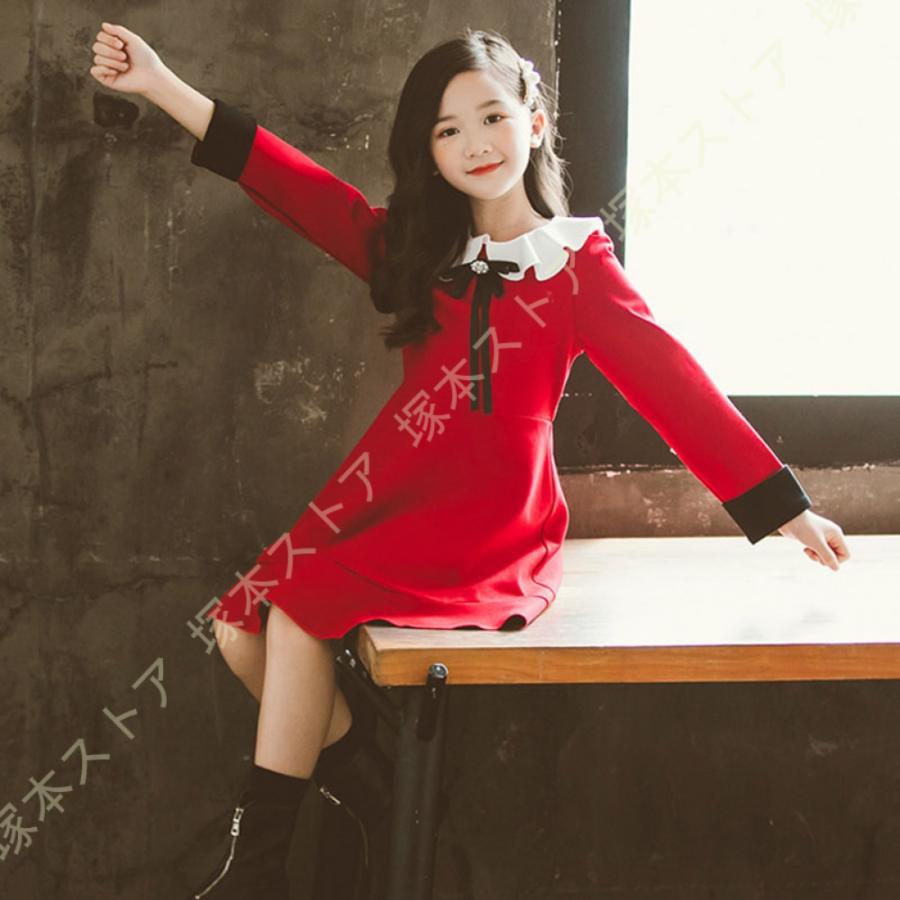 子供服 長袖ワンピース 子供 女の子 ワンピース 長袖 キッズ ナチュラル ガーリー シック ロリータ クルーネック ミモレ丈 フリル Aライン 黒 赤 リボン付きの画像