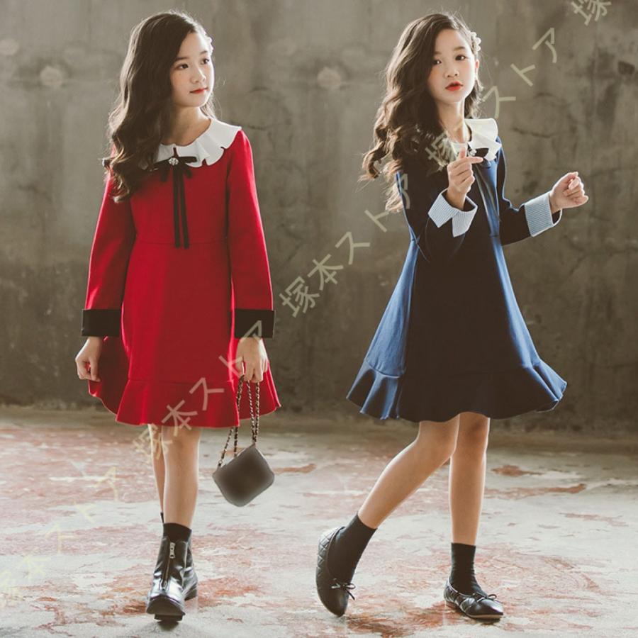 子供服 長袖ワンピース 子供 女の子 ワンピース 長袖 キッズ ナチュラル ガーリー シック ロリータ クルーネック ミモレ丈 フリル Aライン 黒 赤 リボン付きの画像
