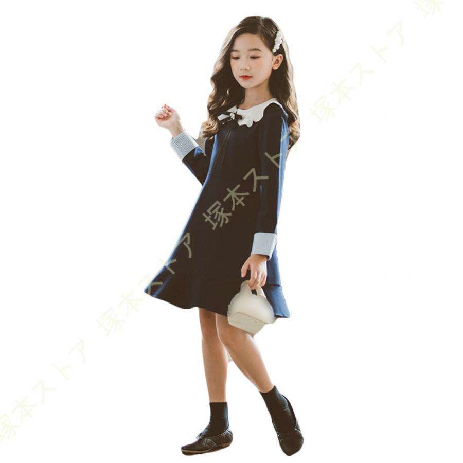 子供服 長袖ワンピース 子供 女の子 ワンピース 長袖 キッズ ナチュラル ガーリー シック ロリータ クルーネック ミモレ丈 フリル Aライン 黒 赤 リボン付きの画像