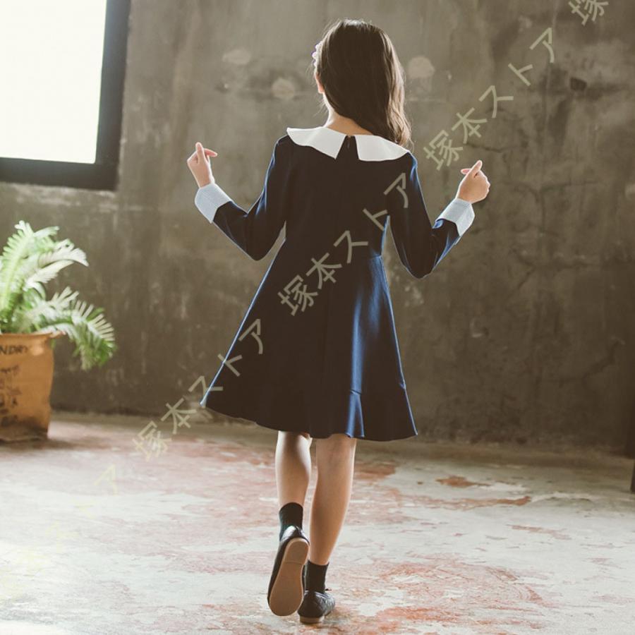 子供服 長袖ワンピース 子供 女の子 ワンピース 長袖 キッズ ナチュラル ガーリー シック ロリータ クルーネック ミモレ丈 フリル Aライン 黒 赤 リボン付きの画像