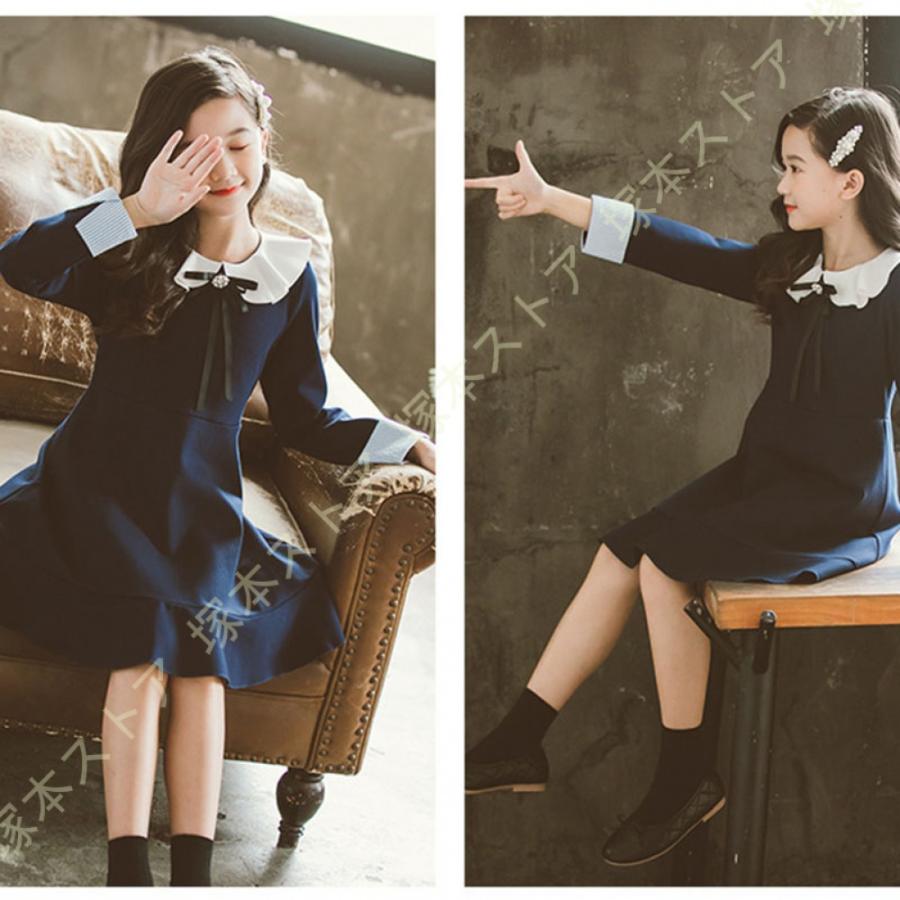 子供服 長袖ワンピース 子供 女の子 ワンピース 長袖 キッズ ナチュラル ガーリー シック ロリータ クルーネック ミモレ丈 フリル Aライン 黒 赤 リボン付きの画像