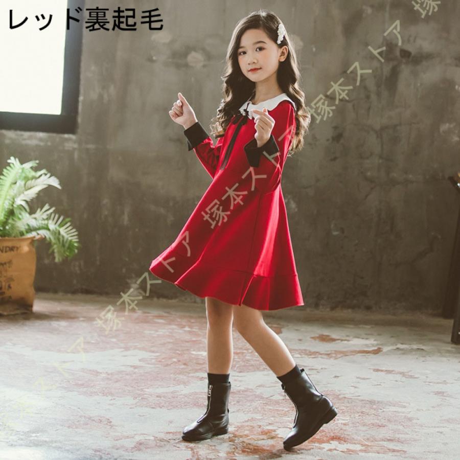 子供服 長袖ワンピース 子供 女の子 ワンピース 長袖 キッズ ナチュラル ガーリー シック ロリータ クルーネック ミモレ丈 フリル Aライン 黒 赤 リボン付きの画像