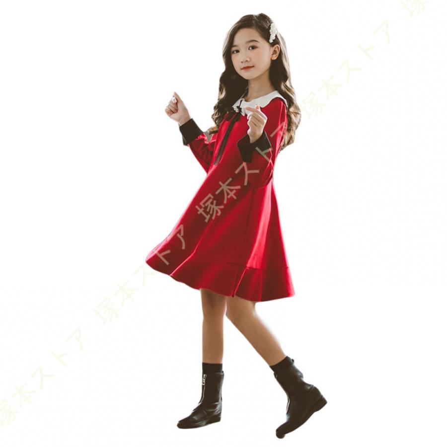 子供服 長袖ワンピース 子供 女の子 ワンピース 長袖 キッズ ナチュラル ガーリー シック ロリータ クルーネック ミモレ丈 フリル Aライン 黒 赤 リボン付きの画像