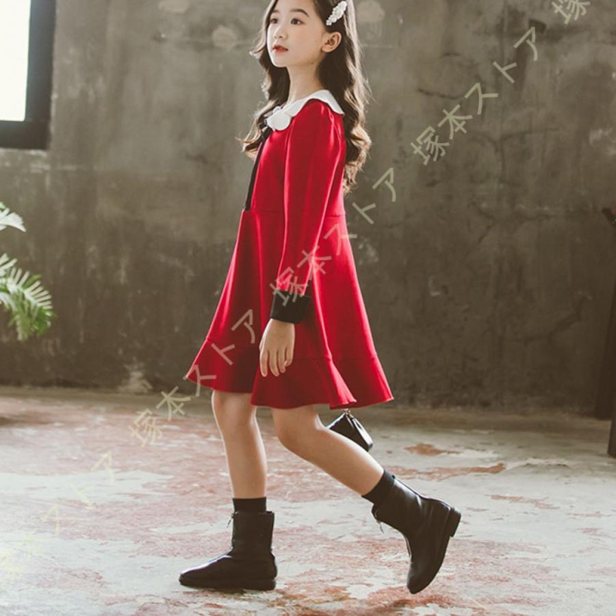 子供服 長袖ワンピース 子供 女の子 ワンピース 長袖 キッズ ナチュラル ガーリー シック ロリータ クルーネック ミモレ丈 フリル Aライン 黒 赤 リボン付きの画像